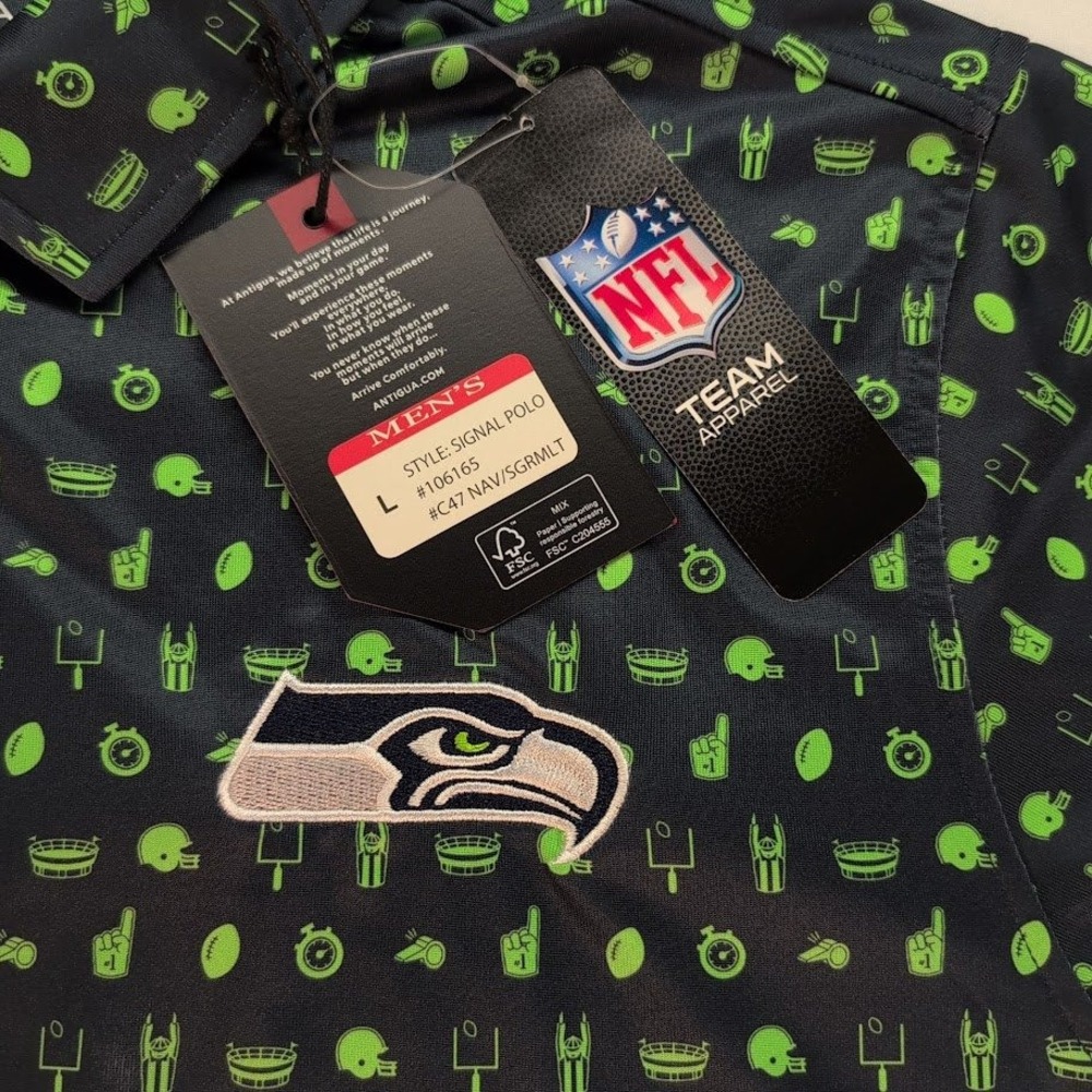 Antigua Seattle Seahawks NFL Mens Large Polo Shirt Green Football All Over Print - Picture 2 of 7